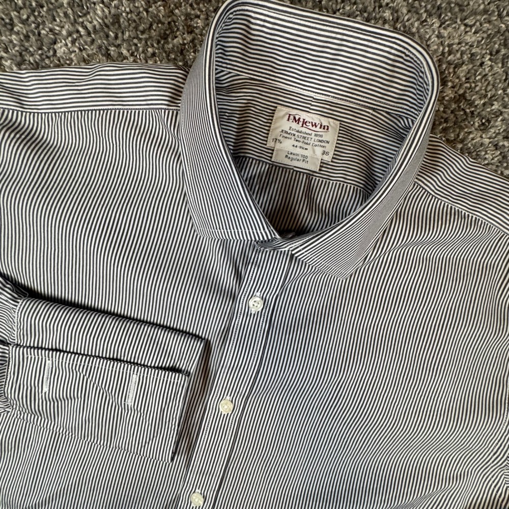 TM Lewin Regular Fit Mens 17.5 36 Black White Stripe French Cuff Dress Shirt